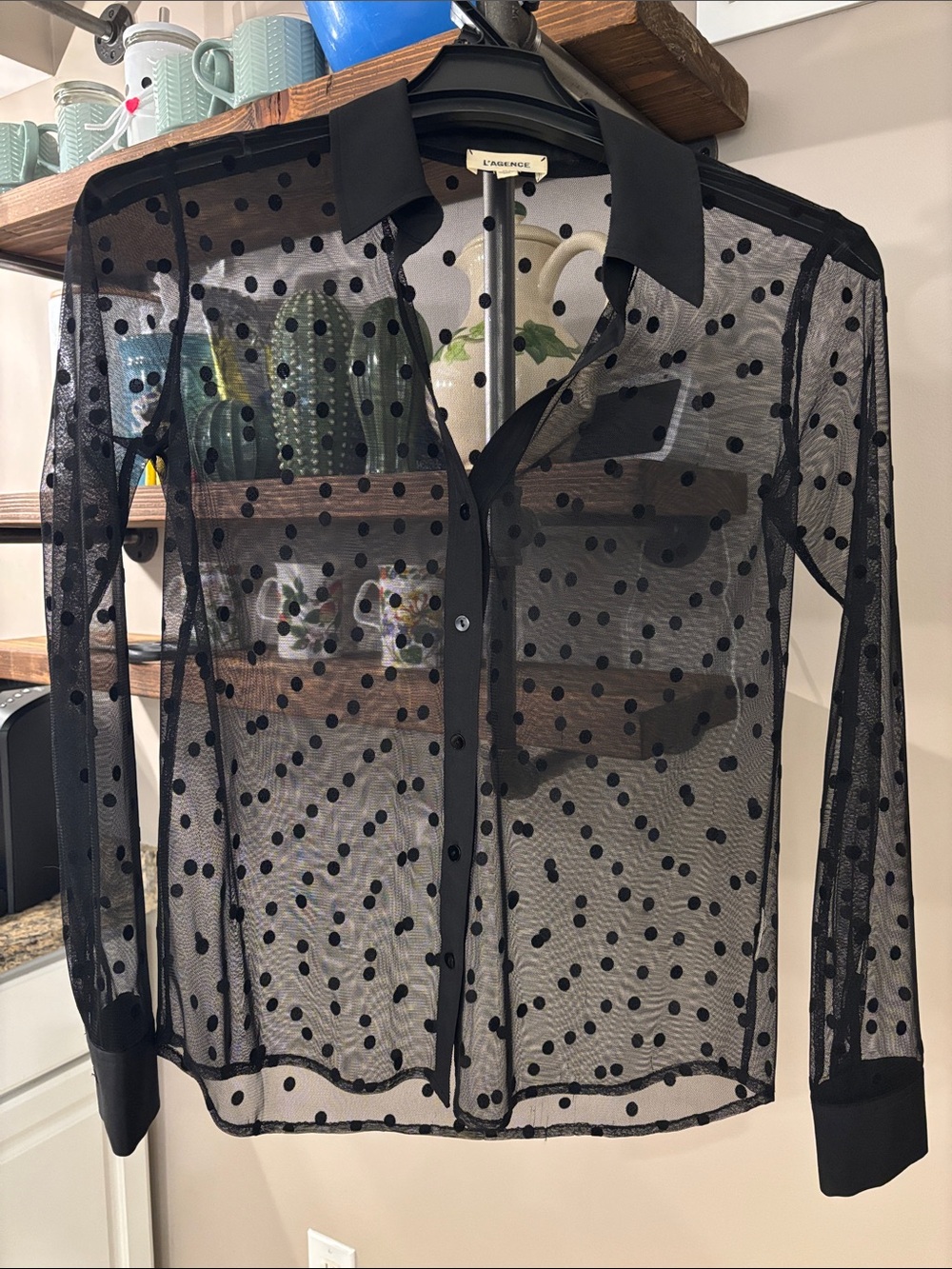 L'AGENCE Black Sheer Polka Dot Blouse - Size S